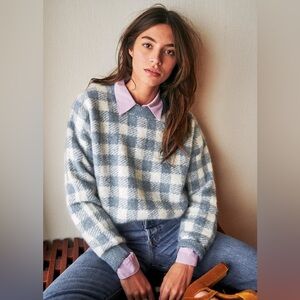 Sézane Becky Gingham Jumper Paris Baby Alpaca Sweater in Vintage Blue